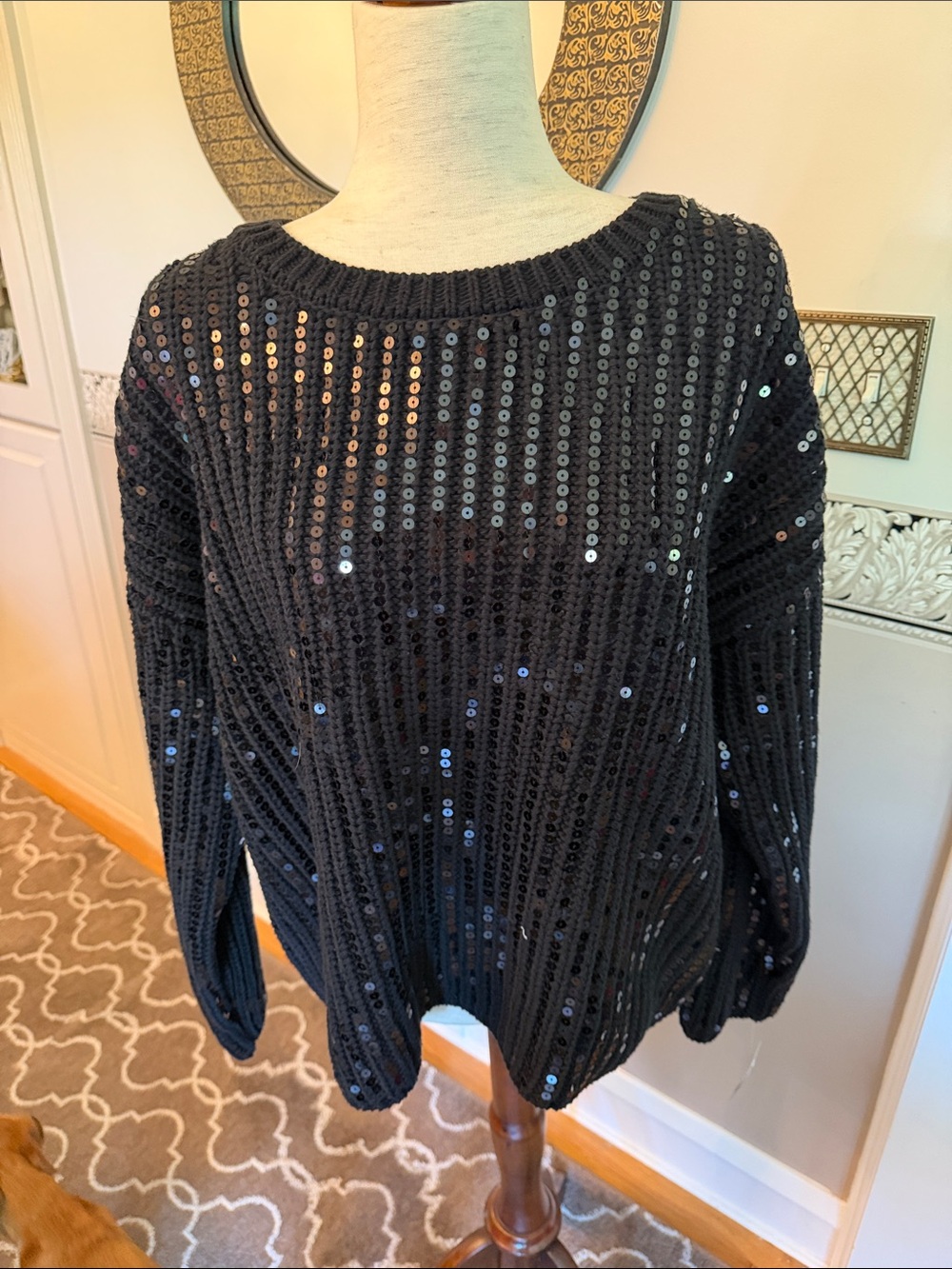 NEW INC w tags Black Sequin Ribbed Crewneck Sweater XL  high quality cotton knit